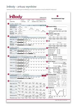 InBody 380 - opcjonalny arkusz wyników dla dzieci z krzywymi wzrostu, historią BMI i SMM, oraz arkusz termiczny z drukarki TP100 z pełnymi parametrami składu ciała