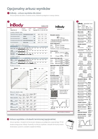 InBody 380 - standardowy arkusz wyników z 16 grupami parametrów: analiza składu ciała, masa mięśniowa SMM, BMI, PBF, segmentalna analiza beztłuszczowej masy ciała, kąt fazowy, SMI, wskaźnik InBody, współczynnik ECW, historia składu ciała