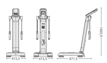 InBody 380 - rysunek techniczny z wymiarami: szerokość 415,5 mm, długość 871,5 mm, wysokość 1069,9 mm, widok frontalny, od tyłu i boczny złożony w pozycji transportowej