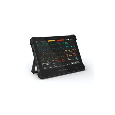 Monitor parametrów życiowych AIView VS w pełnej krasie, ukazujący minimalistyczny design i czytelny 10,1-calowy wyświetlacz dotykowy z interfejsem użytkownika prezentującym parametry życiowe.