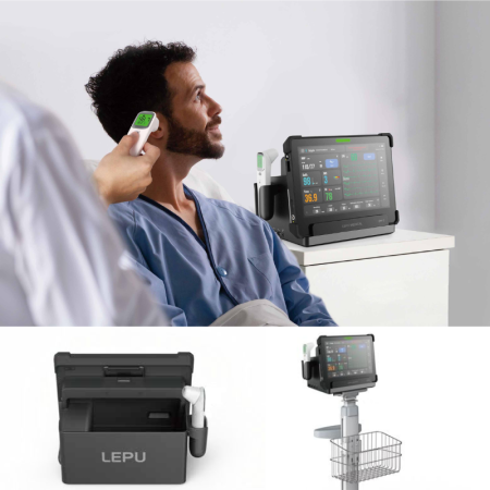 Monitor AIView VS połączony bezprzewodowo z termometrem Bluetooth, demonstrujący łatwość pomiaru temperatury bez konieczności podłączania dodatkowych kabli.