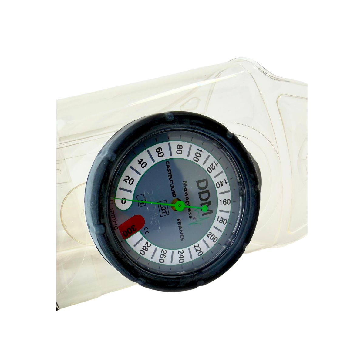 Manometr mankietu infuzyjnego DDM M31000 ze skalą 0-300 mmHg i kolorowym oznaczeniem zakresu